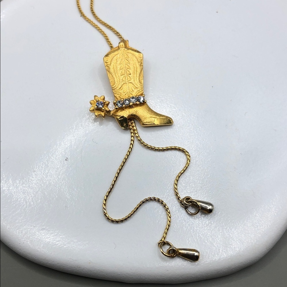 Cowboy Cowgirl western boot gold tone lariat bolo chain necklace adjustable.
